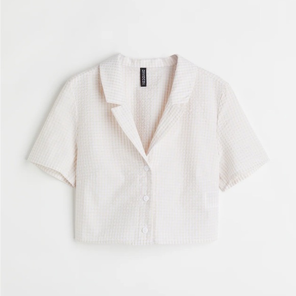 H&M - Light Beige And Whitete Checked Button Up Short Sleeve Crop Top Size M - Picture 1 of 10